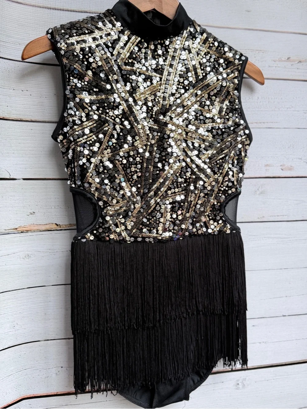 Black & Gold Sequin Fringe Dance Leotard - Kids